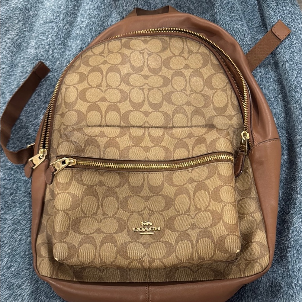 Coach Brown Monogram Backpack with Leather Accents